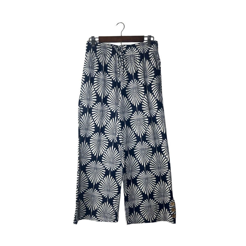 Joie Navy White Palm Leaf Linen Blend Wide Leg Crop Pants Medium Coastal Boho